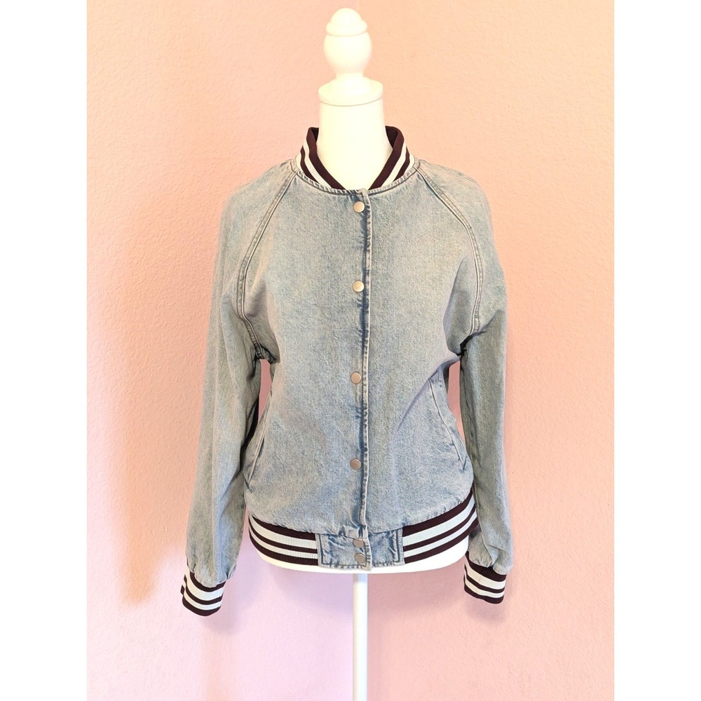 Wild Fable Denim Varsity Bomber Jacket Light Wash Striped Rib XS NWT